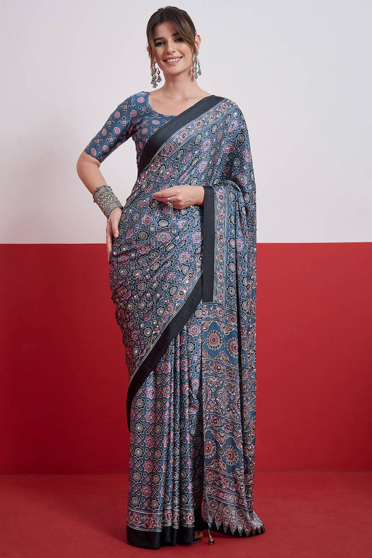 Evita Powder Blue and Black Ajrakh Printed Semi Modal Mirror Work Ready to Wear Saree