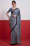 Evita Powder Blue and Black Ajrakh Printed Semi Modal Mirror Work Ready to Wear Saree
