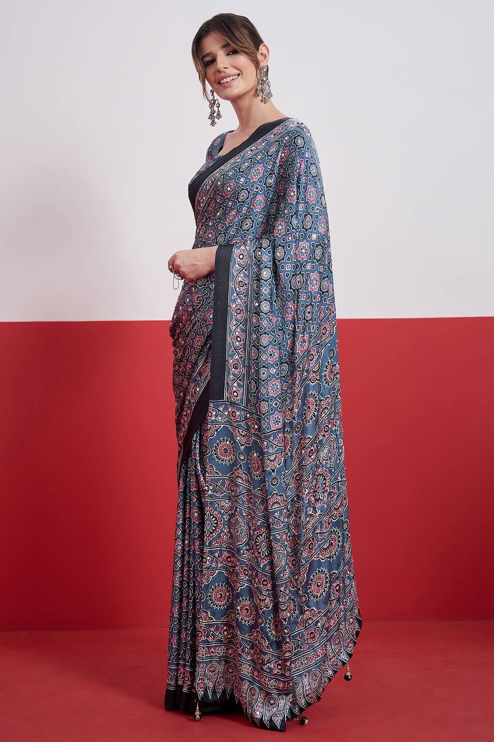 Evita Powder Blue and Black Ajrakh Printed Semi Modal Mirror Work Ready to Wear Saree