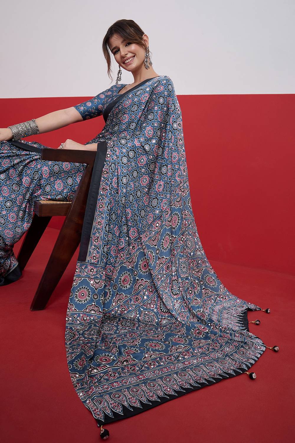 Evita Powder Blue and Black Ajrakh Printed Semi Modal Mirror Work Ready to Wear Saree