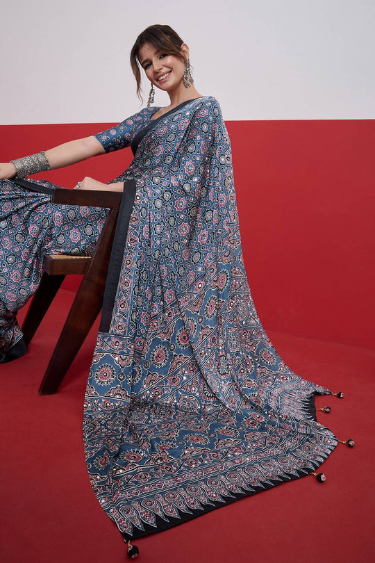 Evita Powder Blue and Black Ajrakh Printed Semi Modal Mirror Work Ready to Wear Saree