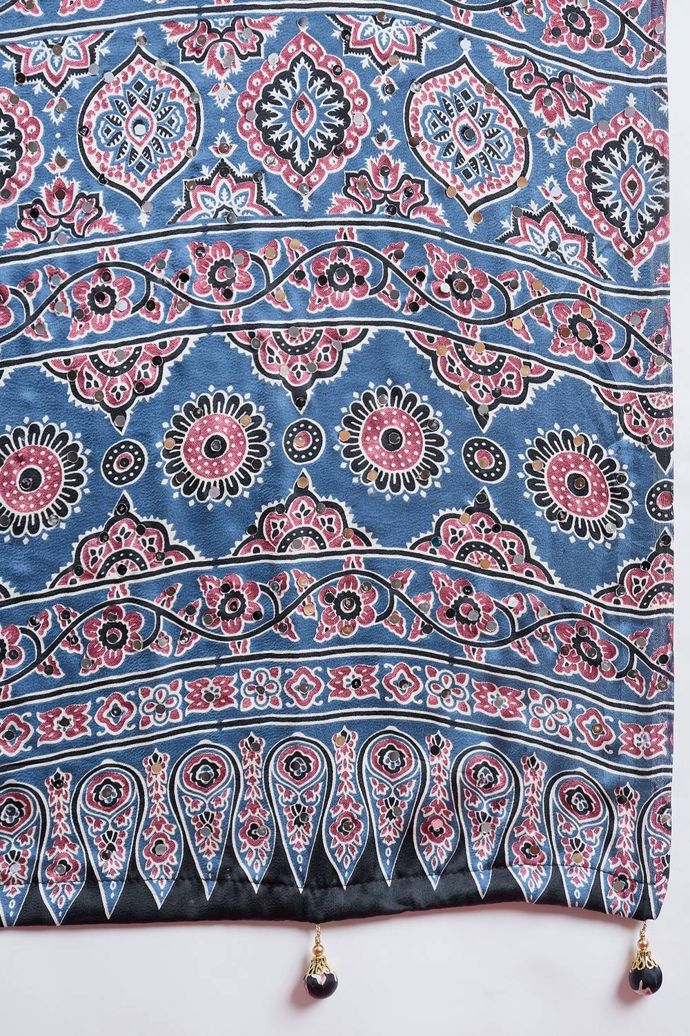 Evita Powder Blue and Black Ajrakh Printed Semi Modal Mirror Work Ready to Wear Saree
