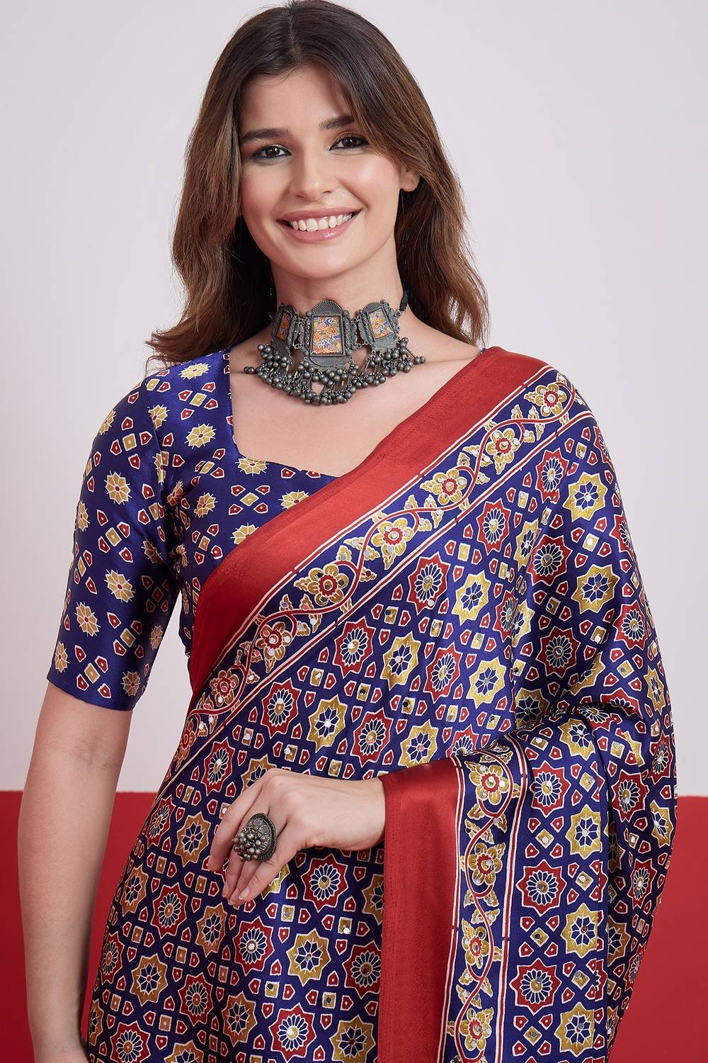 Evita Navy Blue and Red Ajrakh Printed Semi Modal Mirror Work Ready to Wear Saree