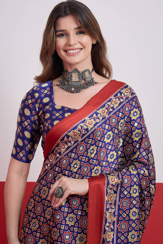 Evita Navy Blue and Red Ajrakh Printed Semi Modal Mirror Work Ready to Wear Saree