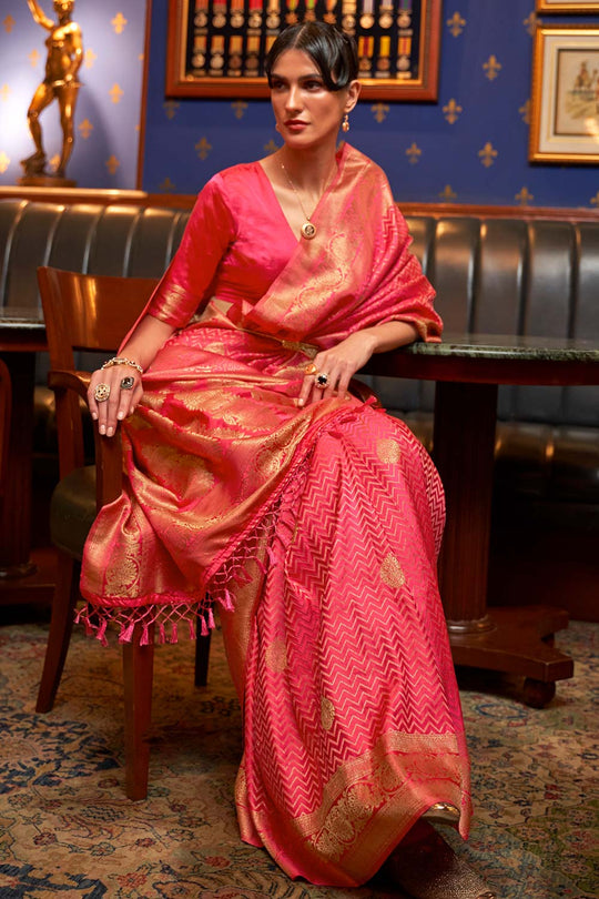 Hazel Peach Weaving Satin Silk One Minute Saree