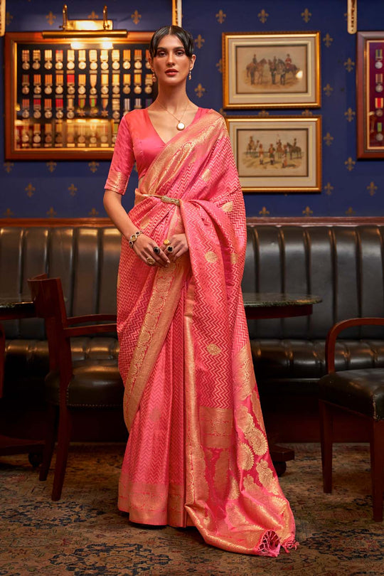 Hazel Peach Weaving Satin Silk One Minute Saree