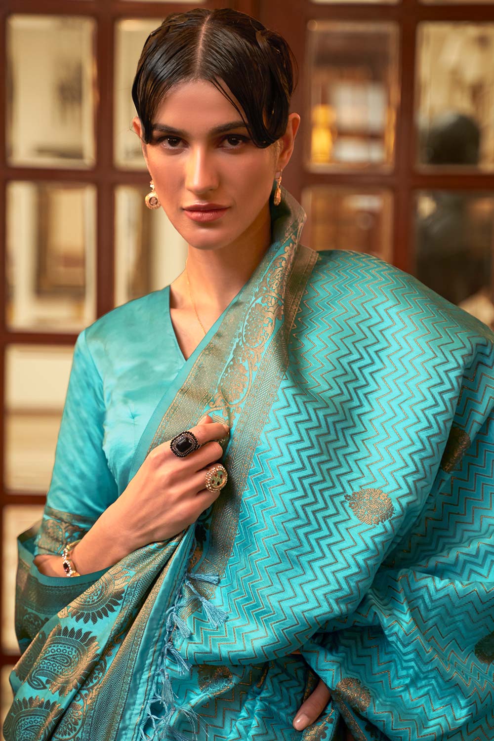 Hazel Blue Weaving Satin Silk One Minute Saree