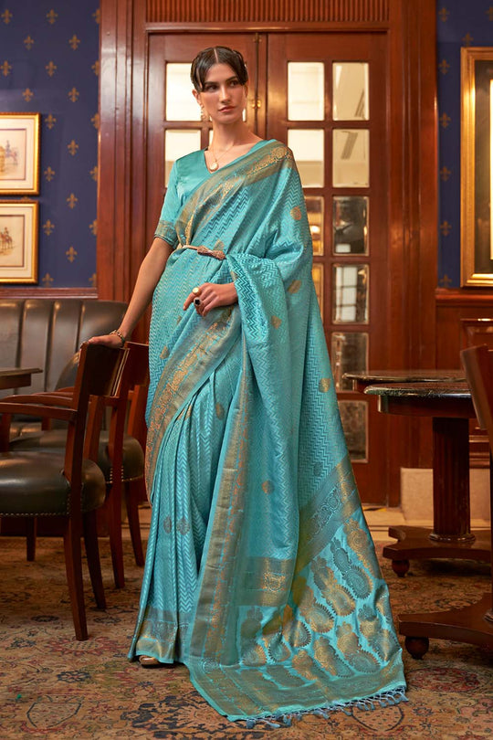 Hazel Blue Weaving Satin Silk One Minute Saree
