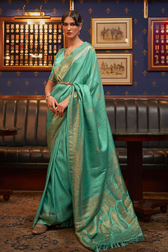 Hazel Green Weaving Satin Silk One Minute Saree