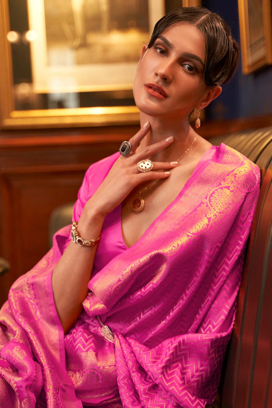 Hazel Pink Weaving Satin Silk One Minute Saree