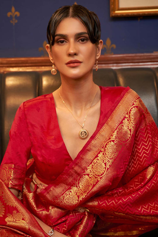 Hazel Red Weaving Satin Silk One Minute Saree