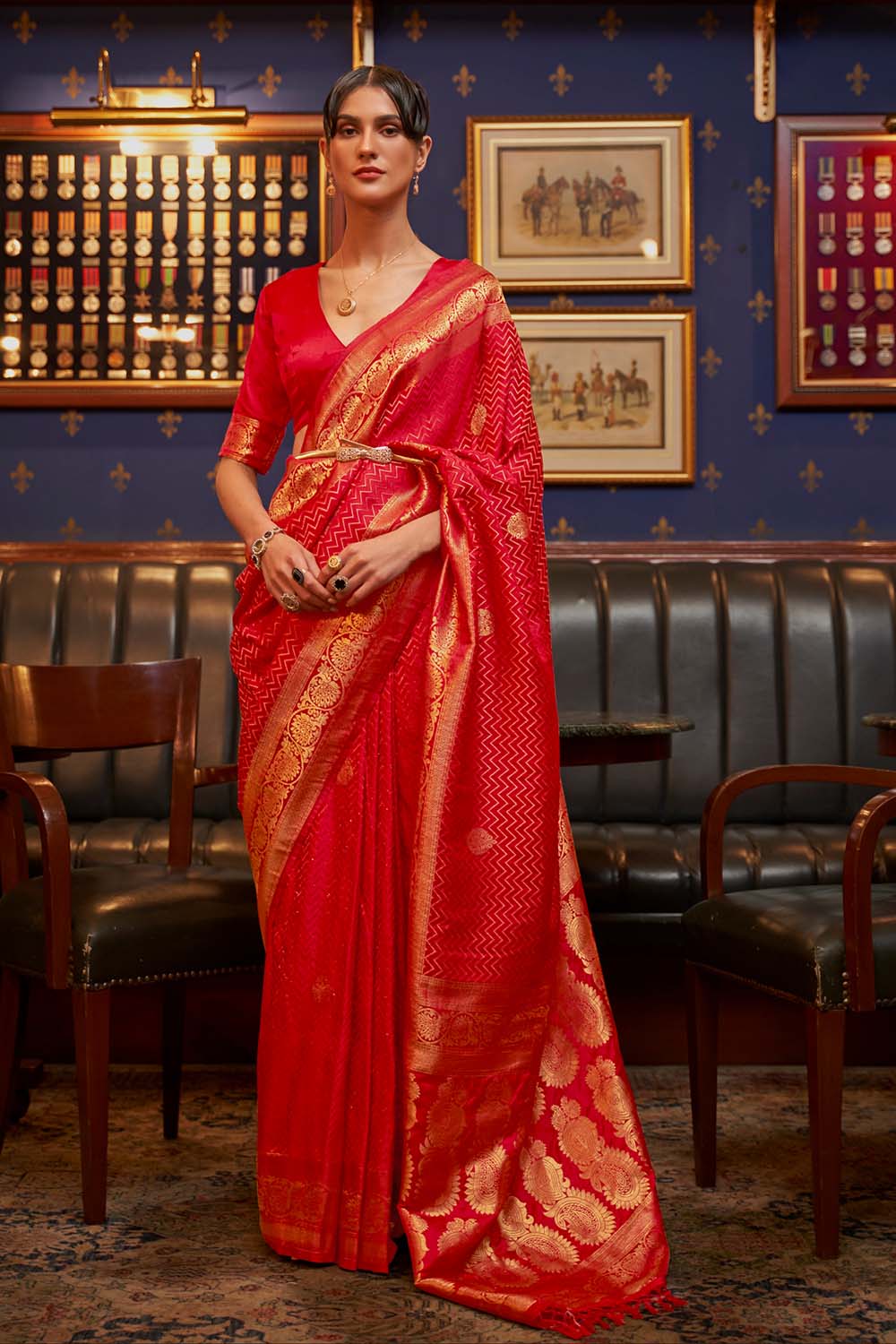 Hazel Red Weaving Satin Silk One Minute Saree