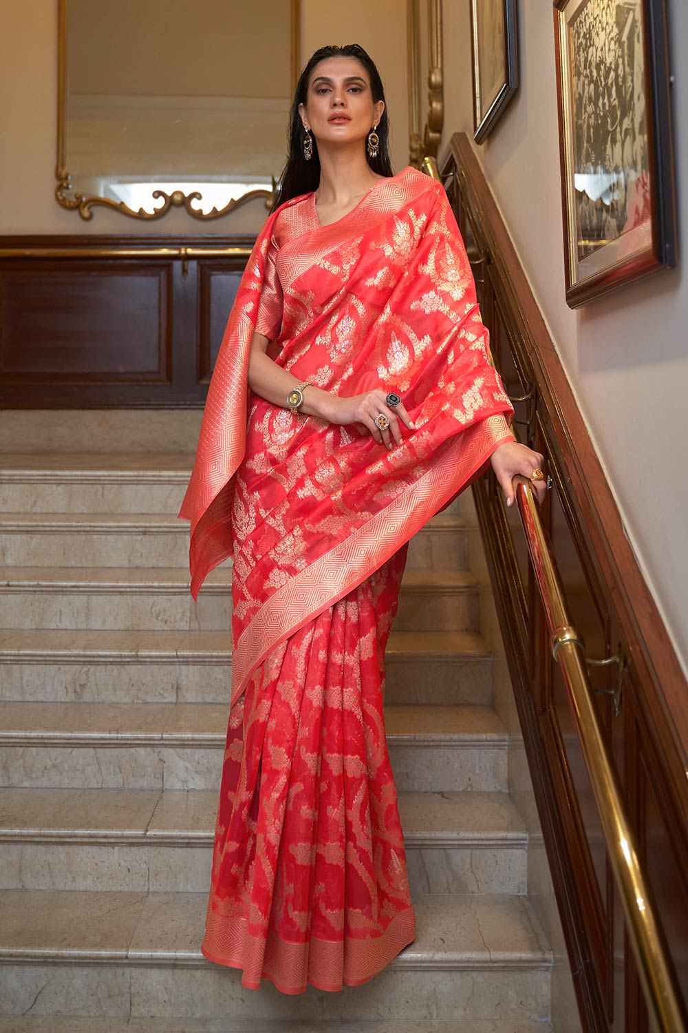 Keesha Red Two Tone Organza Weave One Minute Saree