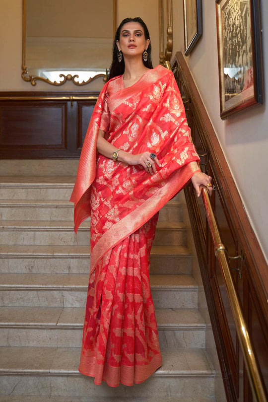 Keesha Red Two Tone Organza Weave One Minute Saree