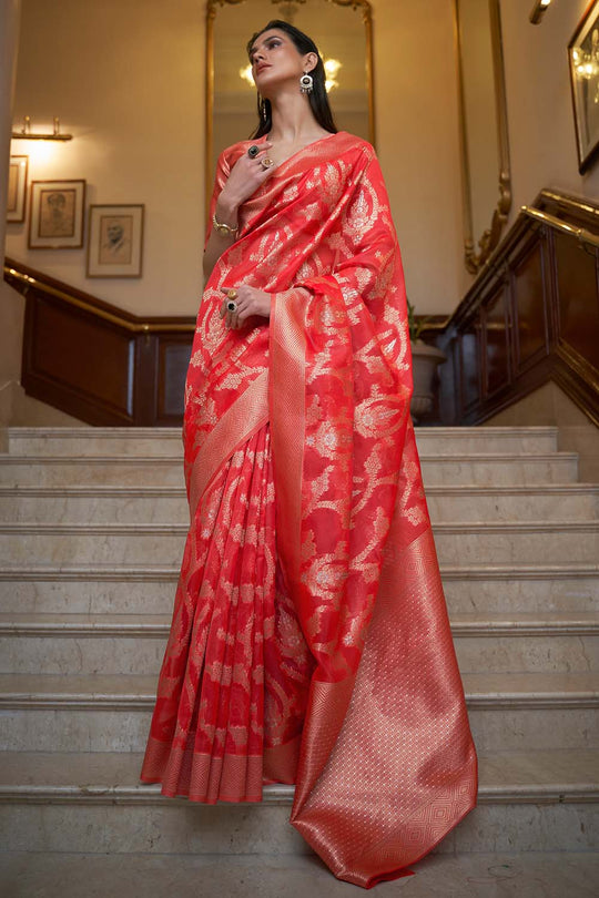 Keesha Red Two Tone Organza Weave One Minute Saree