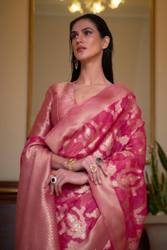 Keesha Pink Two Tone Organza Weave One Minute Saree