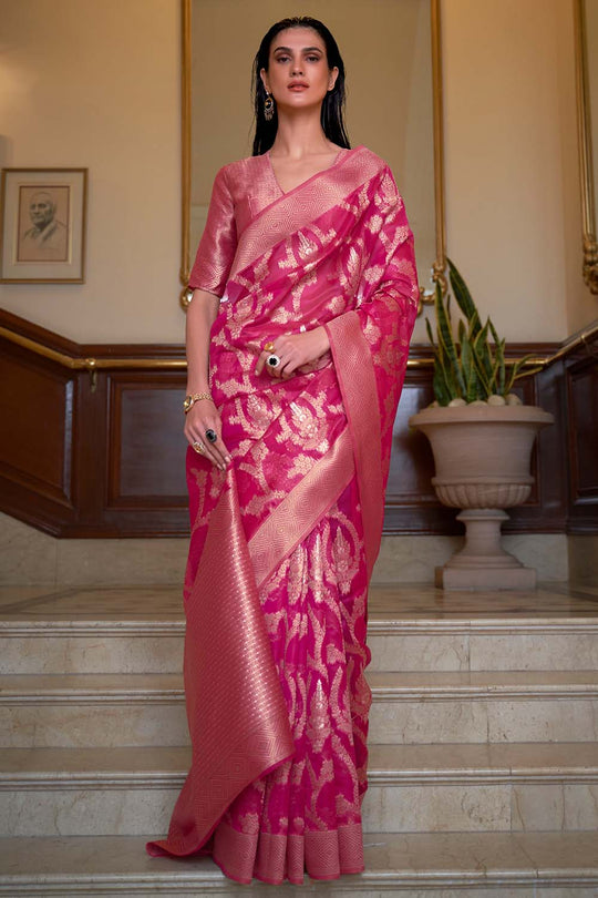 Keesha Pink Two Tone Organza Weave One Minute Saree