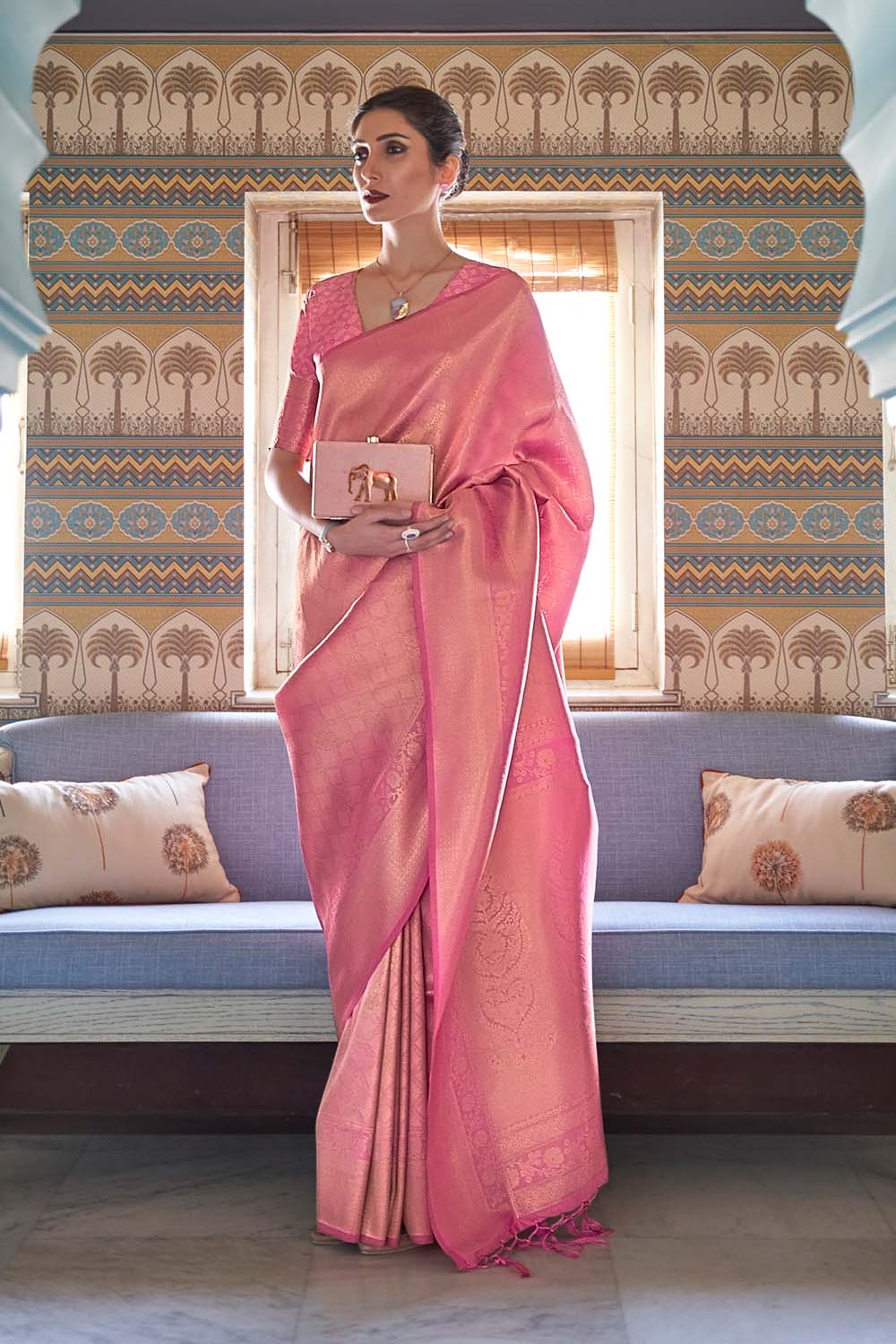 Sania Peach Pink Handloom Weaving Silk Ready to Wear Saree