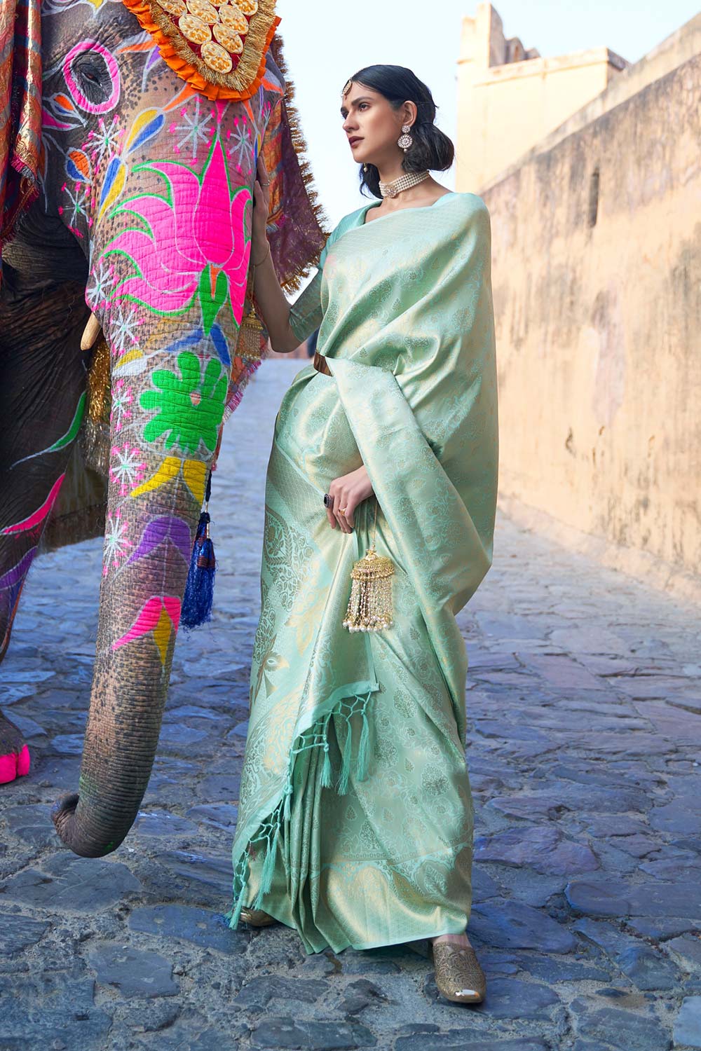 Milan Grande Green Sequins Handloom Silk One Minute Saree