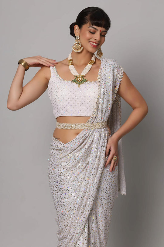 Salma Pearl White Faux Georgette Sequins with Embroidery Ready to Wear One Minute Saree