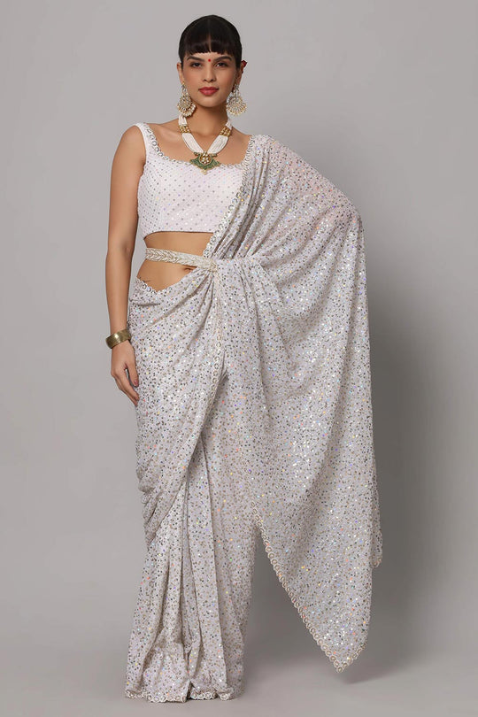Salma Pearl White Faux Georgette Sequins with Embroidery Ready to Wear One Minute Saree