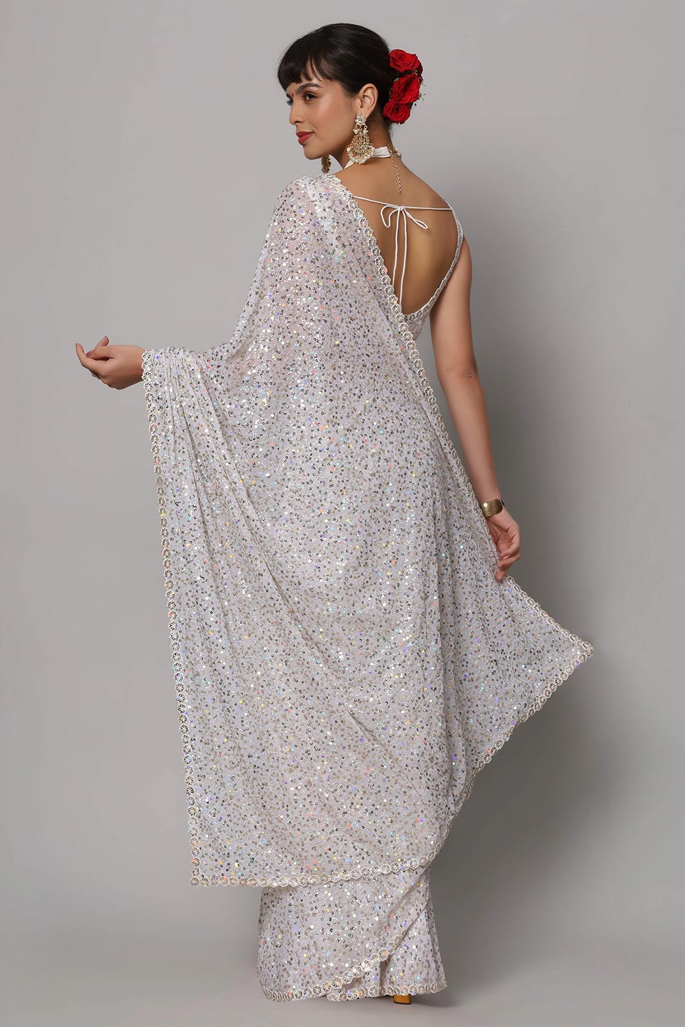 Salma Pearl White Faux Georgette Sequins with Embroidery Ready to Wear One Minute Saree