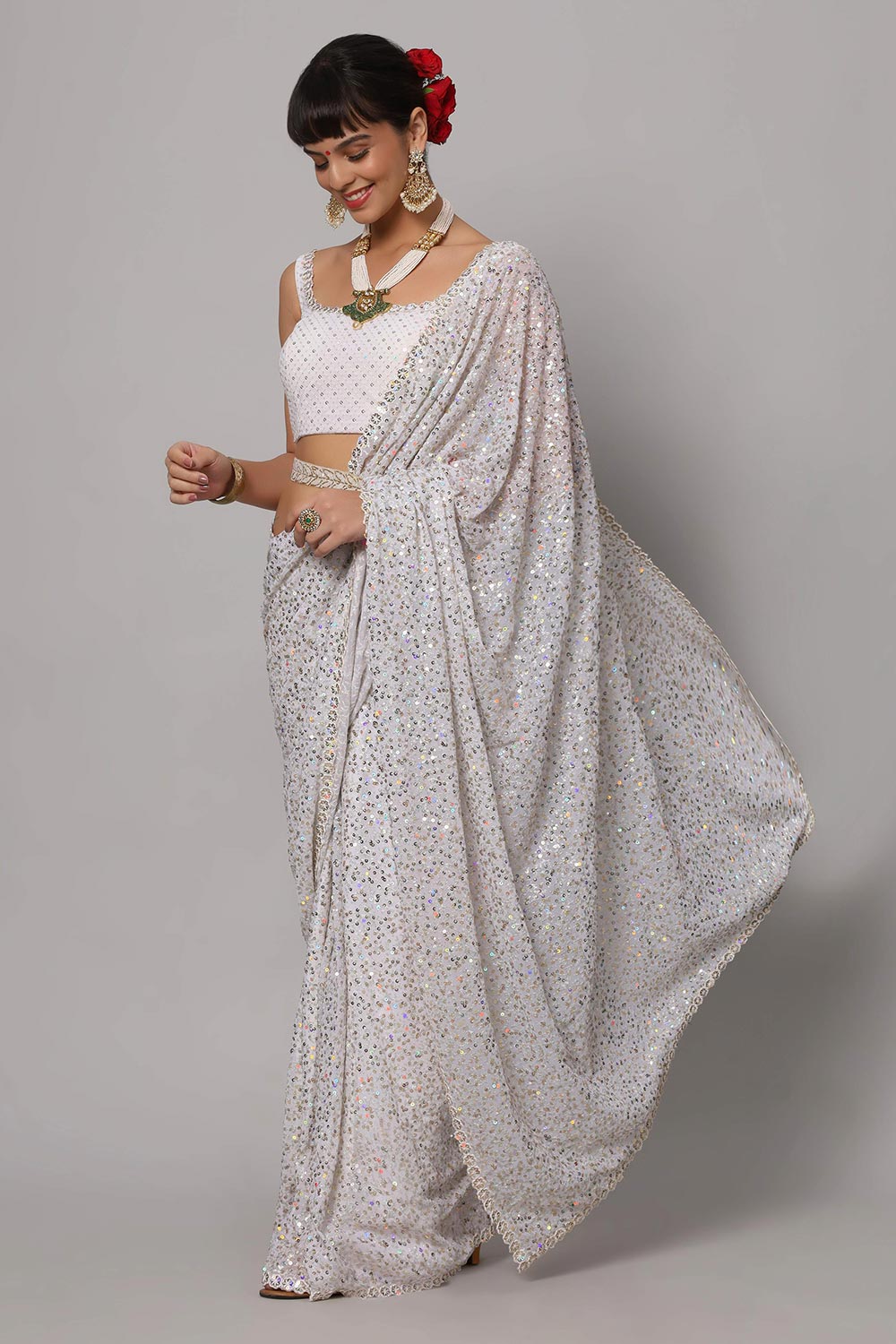 Salma Pearl White Faux Georgette Sequins with Embroidery Ready to Wear One Minute Saree