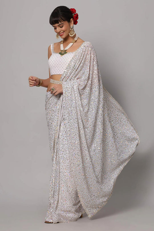 Salma Pearl White Faux Georgette Sequins with Embroidery Ready to Wear One Minute Saree