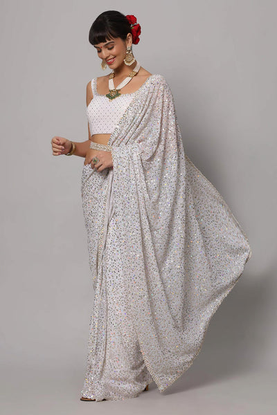 Salma Pearl White Sequins Embroidery Faux Georgette One Minute Saree