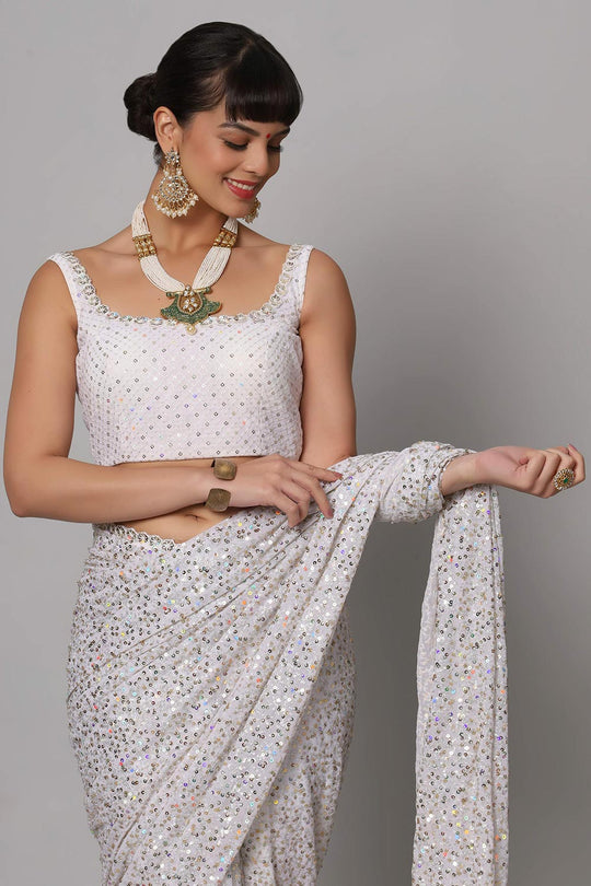 Salma Pearl White Faux Georgette Sequins with Embroidery Ready to Wear One Minute Saree