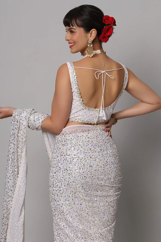 Salma Pearl White Faux Georgette Sequins with Embroidery Ready to Wear One Minute Saree