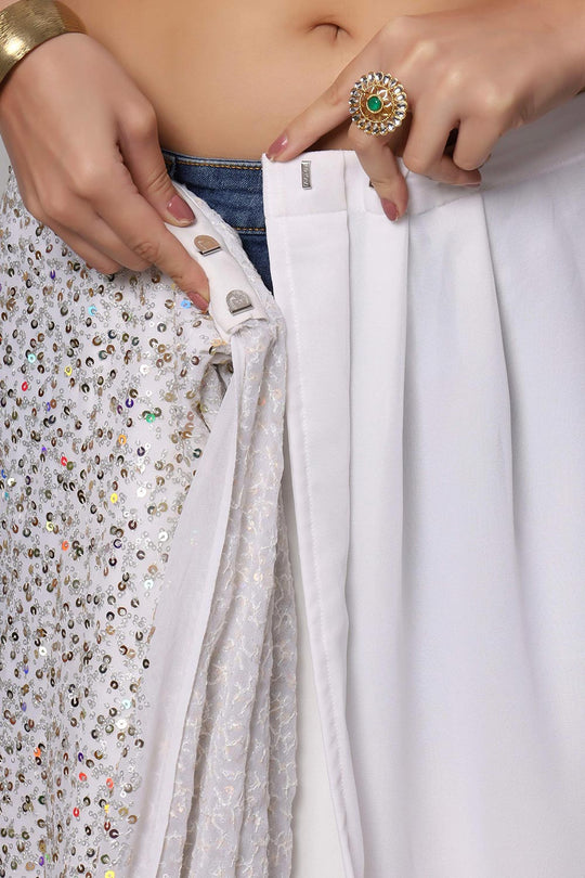 Salma Pearl White Faux Georgette Sequins with Embroidery Ready to Wear One Minute Saree