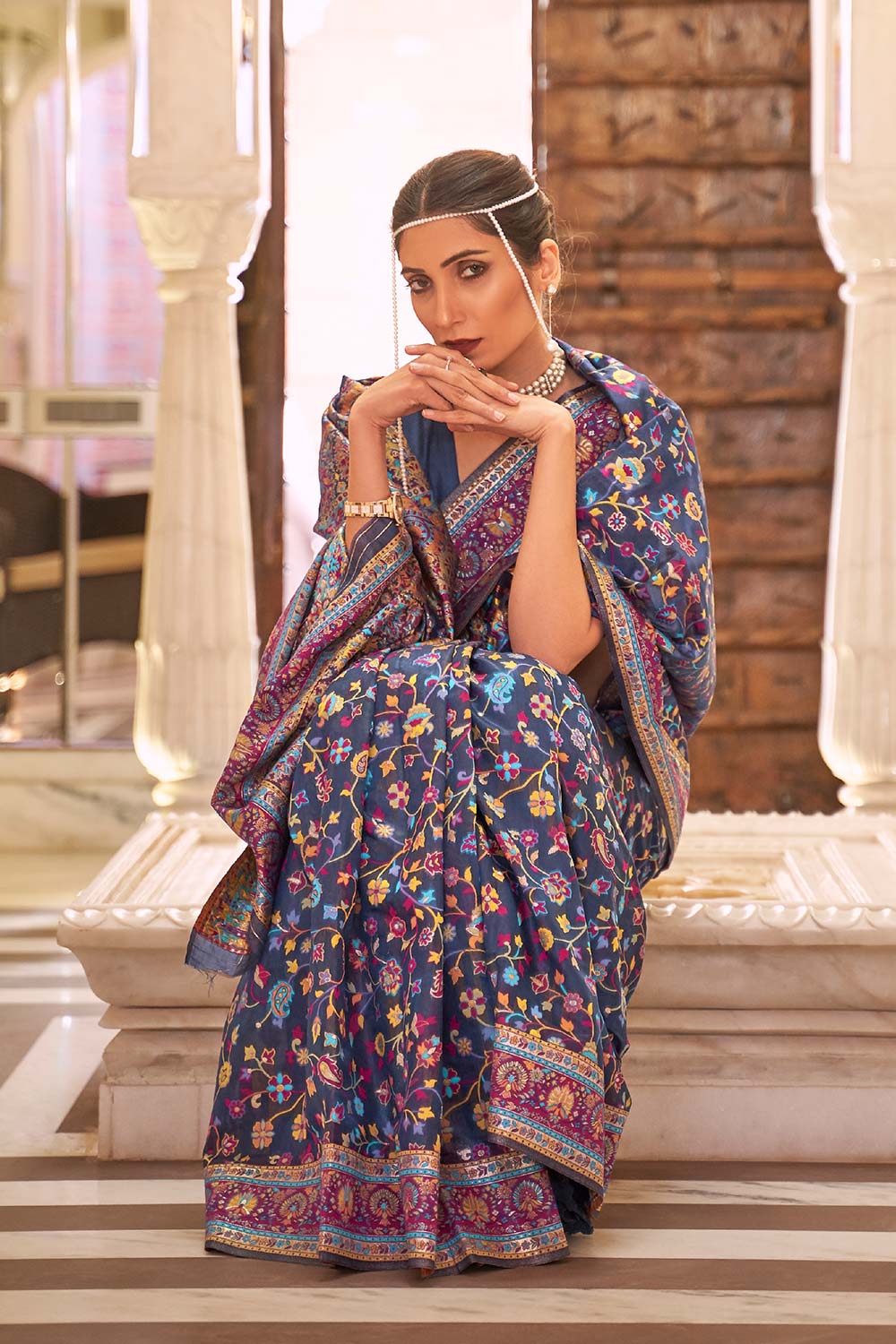 Viola Navy Blue Modal Handloom Silk One Minute Saree