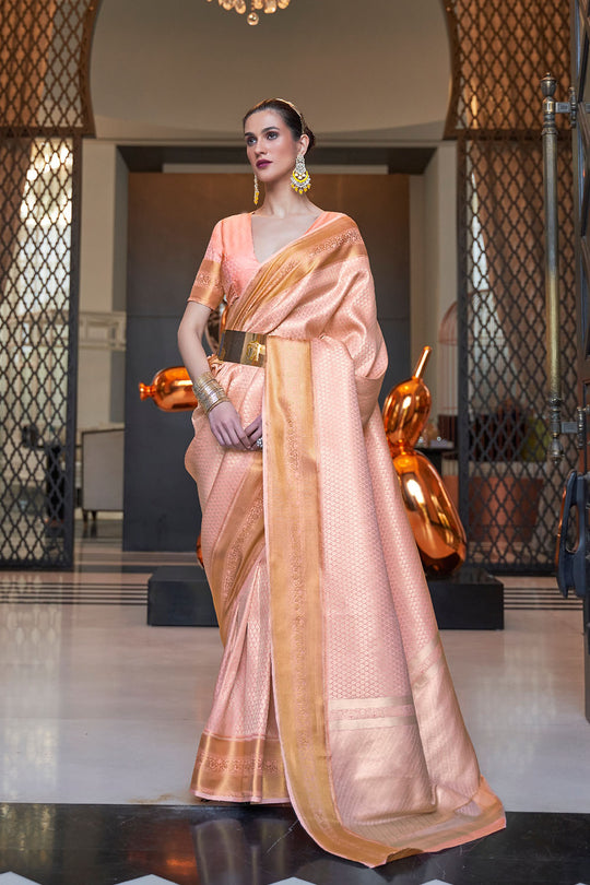 Ava Peach Handloom Weaving Silk One Minute Saree
