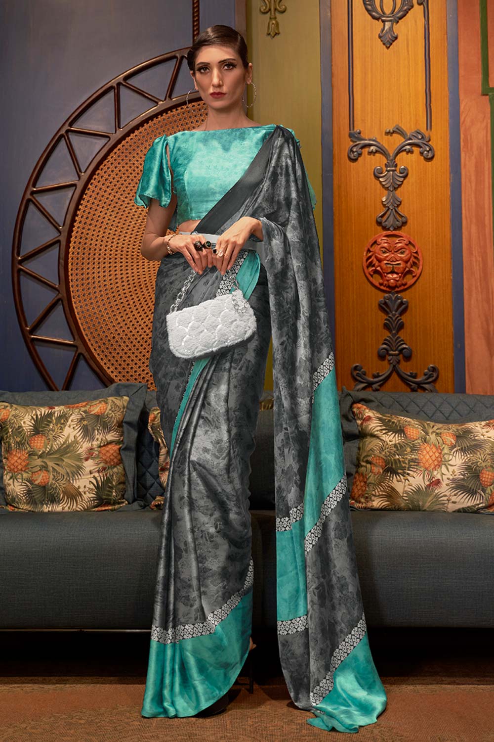 Naia Grey & Turquoise Satin Printed One Minute Saree