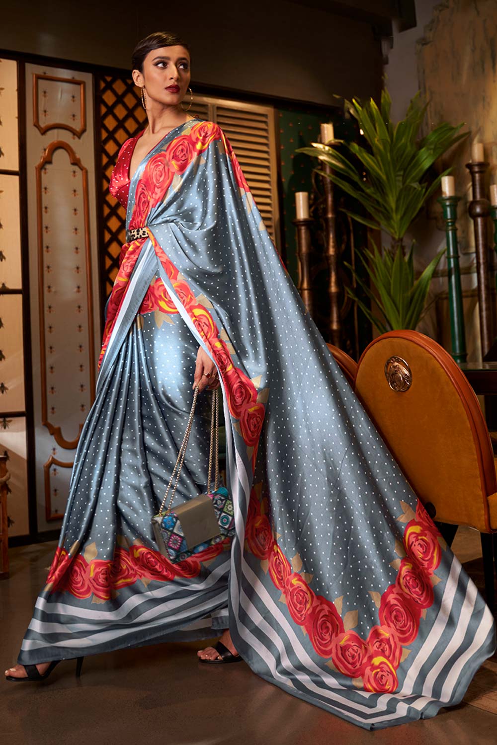 Buy Kalizey Grey Floral Print Satin Saree Online One Minute Sarees Buy kalizey grey floral print satin saree online one minute sarees
