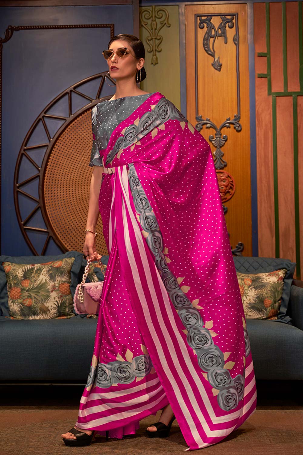 Naia Pink Floral Print Satin One Minute Saree