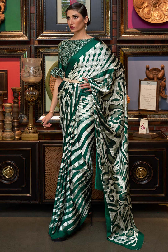 Naia Green Printed Satin One Minute Saree