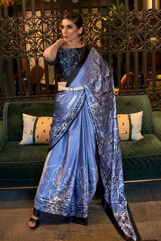 Naia Blue Abstract Printed Satin One Minute Saree