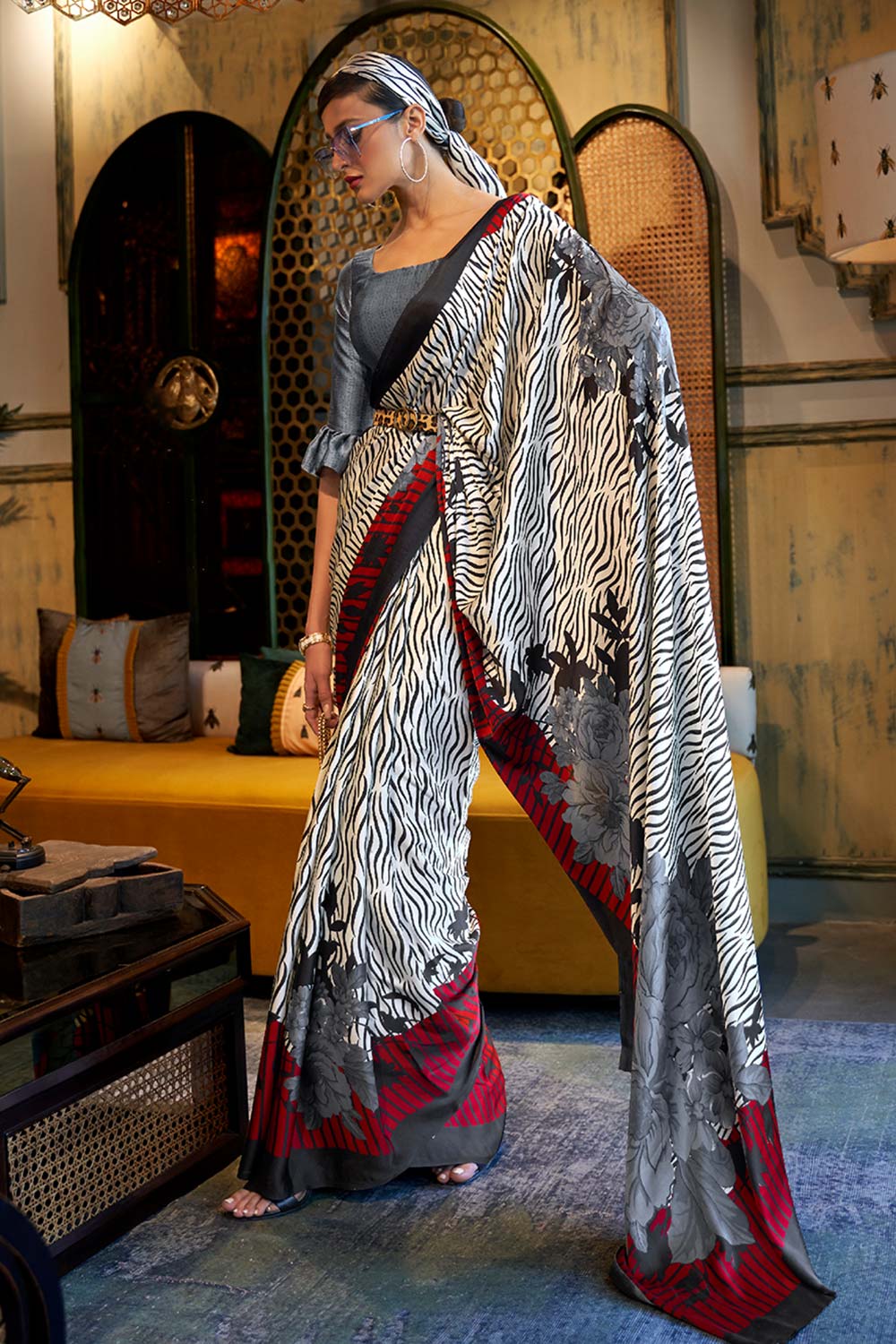 Naia White Rose Floral Print Satin One Minute Saree