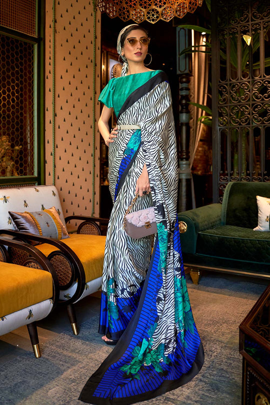 Naia White & Blue Floral Print Satin One Minute Saree