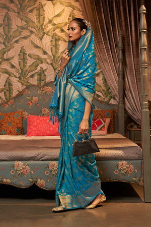 Afsa Turquoise Blue Two-Tone Silk Weaving One Minute Saree