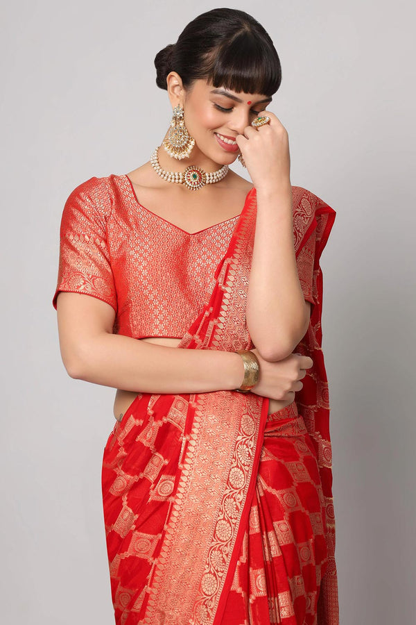 Jiva Red Gold Embroidered Georgette One Minute Saree