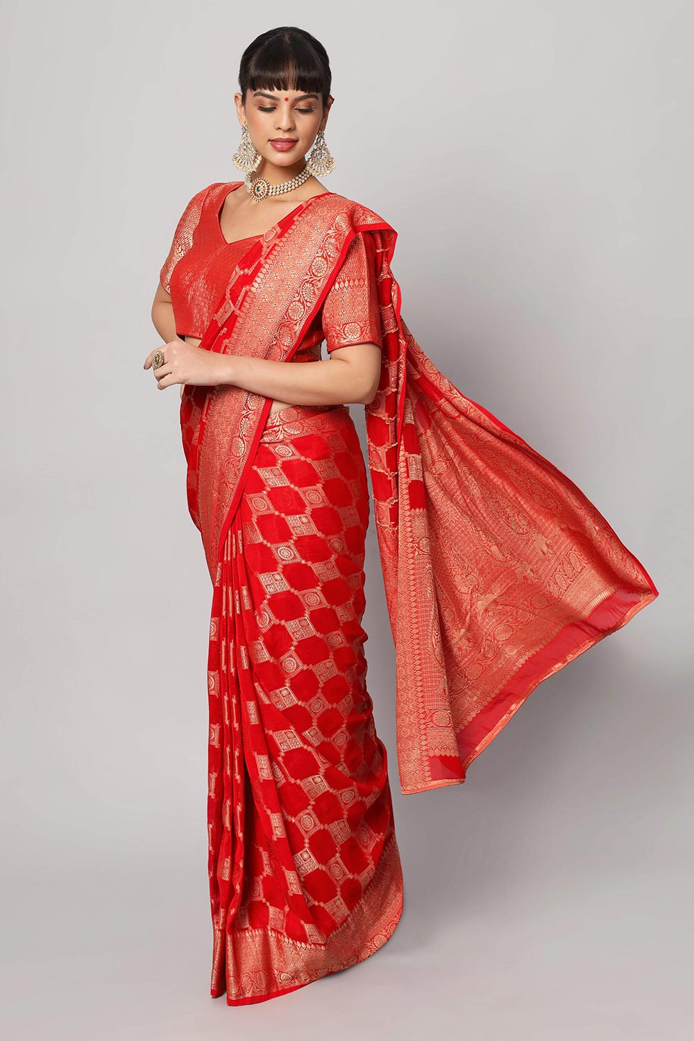 Jiva Red Gold Embroidered Georgette One Minute Saree