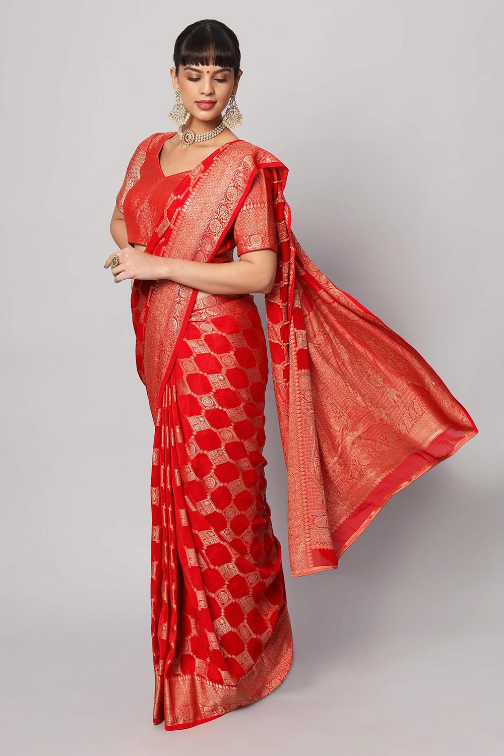 Jiva Red Gold Embroidered Georgette Ready to Ship One Minute Saree