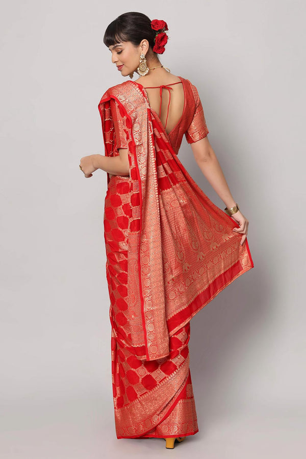 Jiva Red Gold Embroidered Georgette One Minute Saree
