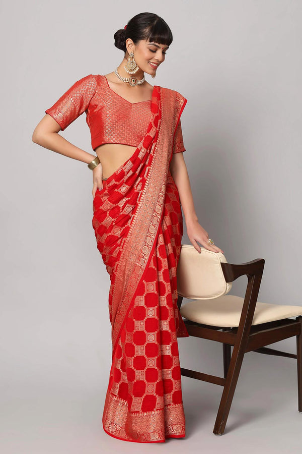 Jiva Red Gold Embroidered Georgette One Minute Saree