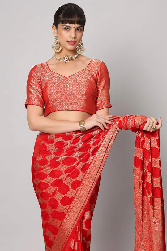 Jiva Red Georgette Embroidered Ready to Wear One Minute Saree