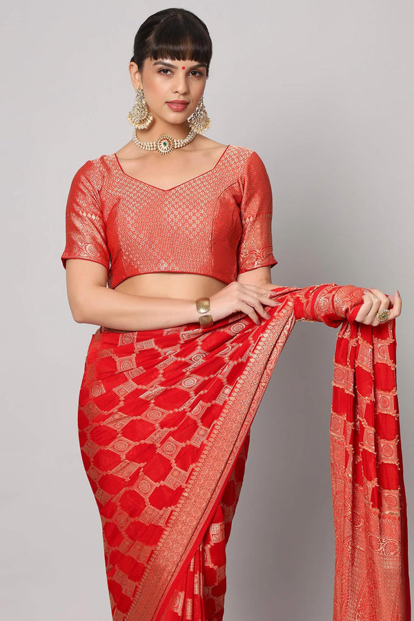 Jiva Red Gold Embroidered Georgette One Minute Saree