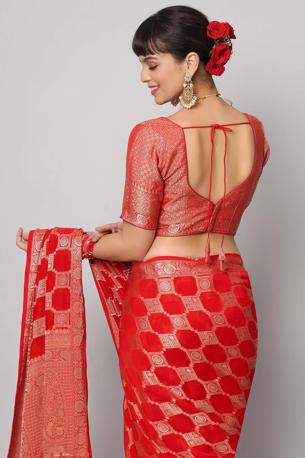 Jiva Red Gold Embroidered Georgette Ready2Ship One Minute Saree